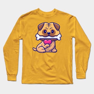 Cute Pug Dog Bite Bone And Holding Love Cartoon Long Sleeve T-Shirt